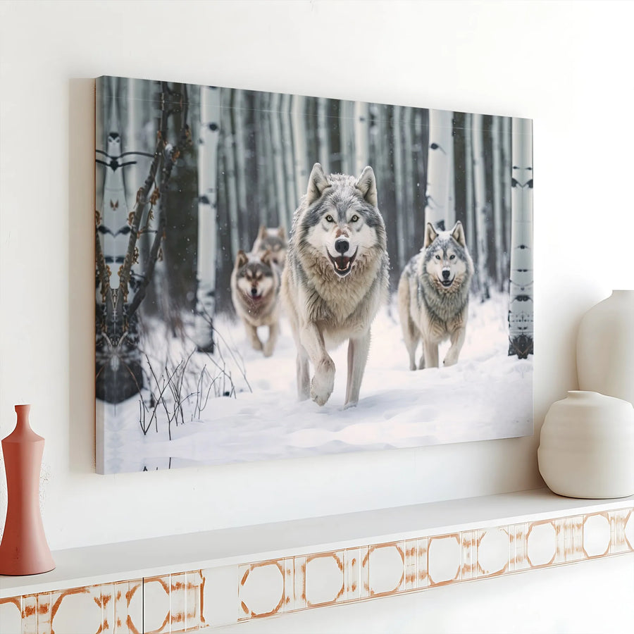 Wolf Pack Winter Forest Horizontal Canvas | Wild Wolves Running in Snow Wall Art Print | Premium 1.25" Gallery Wrap | Rustic Cabin Wildlife Lover Gift