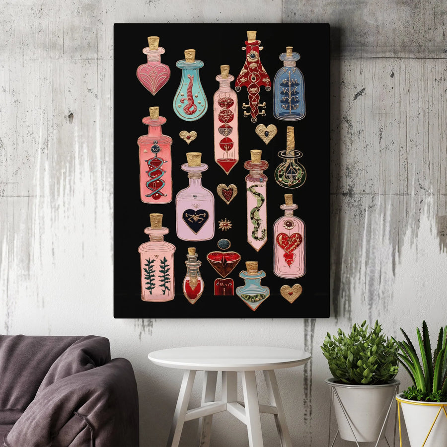 Magic Love Potion Bottles Canvas Wall Art | Whimsical Witchy Decor | Premium Fade-Resistant Print | Gothic Aesthetic Gift for Her