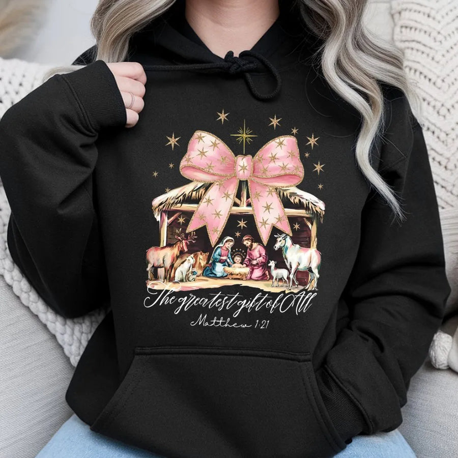 Nativity Scene Hoodie | The Greatest Gift Of All Christian Bow Design | Soft Cotton Blend Christmas Apparel | Religious Holiday Gift For Her