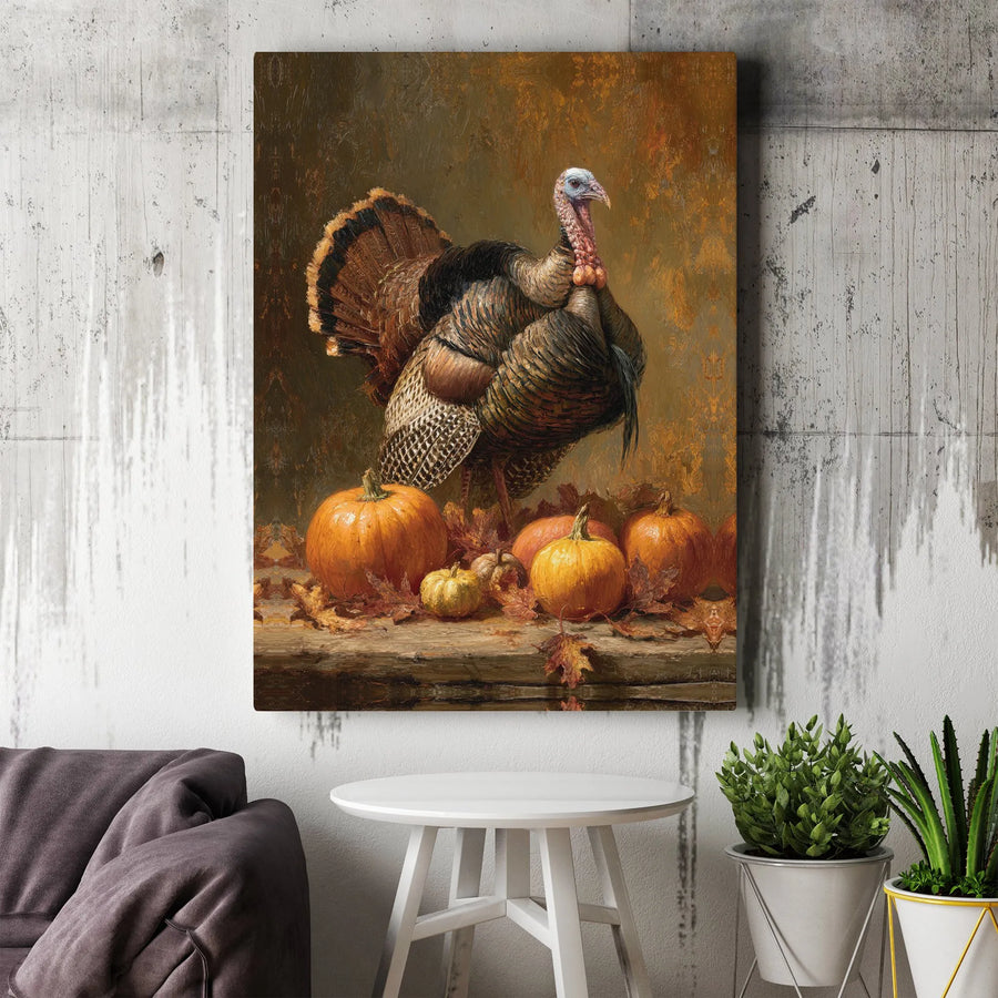 Thanksgiving Turkey Canvas Print | Rustic Oil Painting Style | Premium 1.25" Gallery Wrap | Autumn Harvest Home Decor Gift