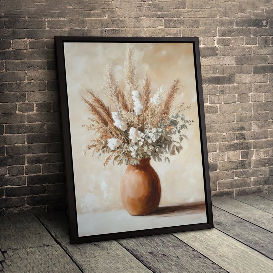 Bohemian Pampas Grass Canvas Wall Art | Neutral Dried Flower Bouquet in Terracotta Vase | Premium Fade-Resistant Gallery Wrap | Modern Home Decor Gift