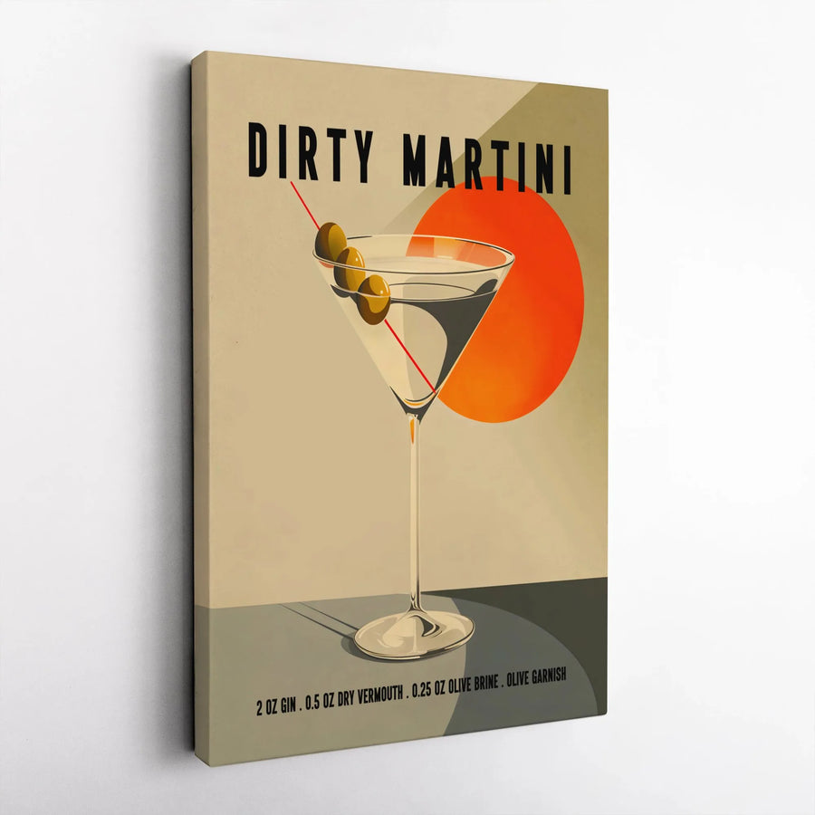 Dirty Martini Cocktail Canvas | Retro Bar Cart Decor Print with Recipe | Premium Thick Gallery Canvas | Home Bar & Kitchen Decor Gift