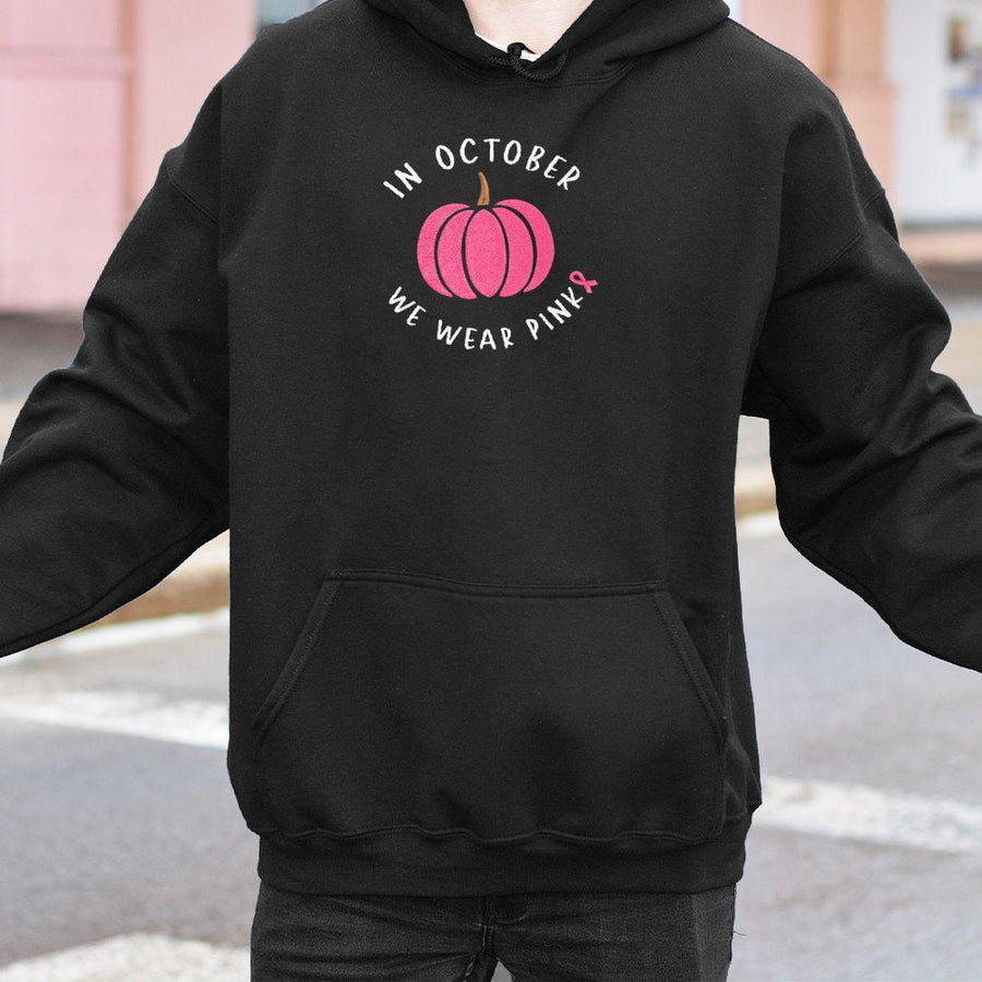 In October We Wear Pink Hoodie | Breast Cancer Awareness Pumpkin Design | Premium Soft Cotton Fleece | Support Survivor Gift For Her
