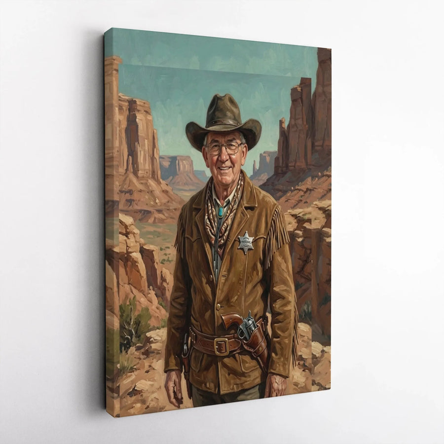 Cowboy Sheriff Vertical Canvas | Old West Desert Canyon Landscape Painting Style | Premium 1.25" Gallery Wrap Wall Art | Rustic Home Decor Gift for Western Movie Fans