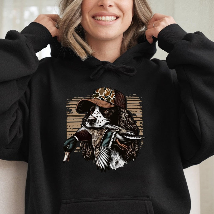 Springer Spaniel Hunting Hoodie | Duck Hunter Mallard Graphic Print | Premium Cotton-Blend Apparel | Gift for Bird Dog Lovers & Outdoor Sportsmen