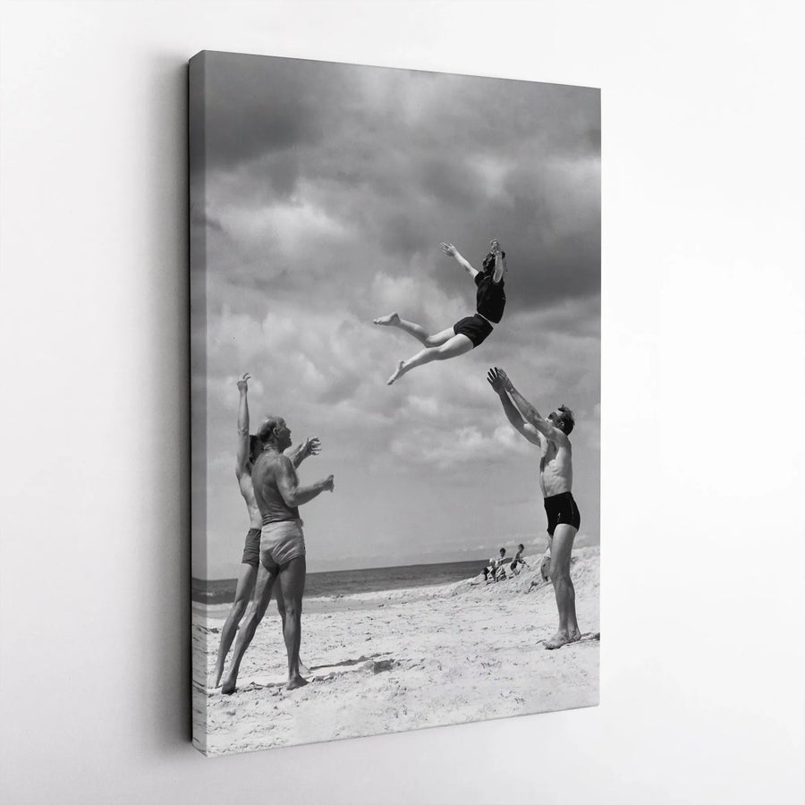 Vintage Beach Photography Canvas | Joyful Beach Acrobats Wall Art | Premium Gallery Style Print | Collector's Vintage Coastal Home Decor