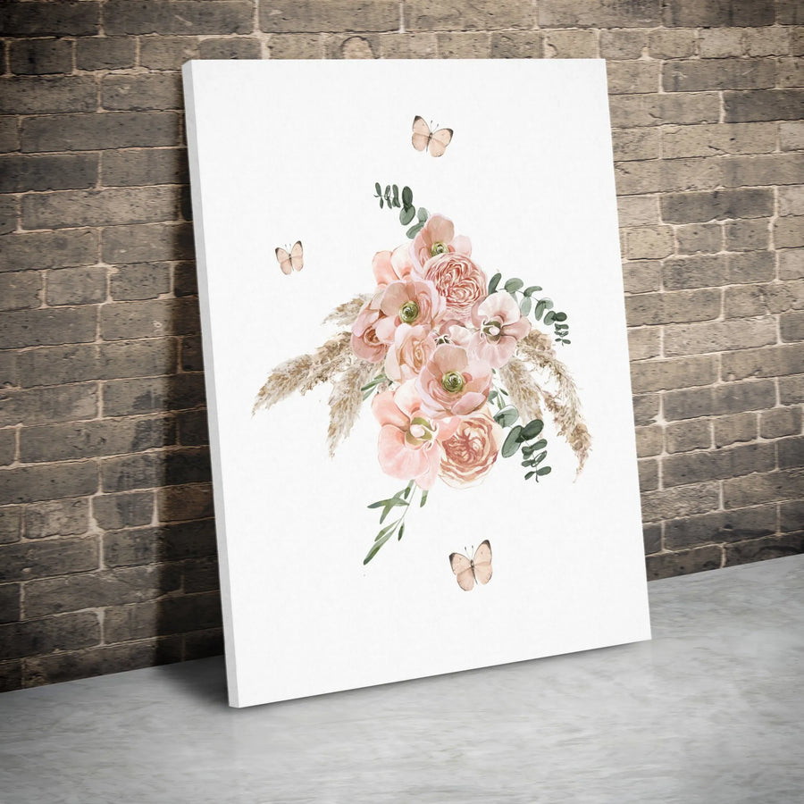 Watercolor Floral Canvas Wall Art | Blush Pink Bouquet with Pampas Grass & Butterflies | Premium Gallery Wrap Decor | Aesthetic Home Gift for Her