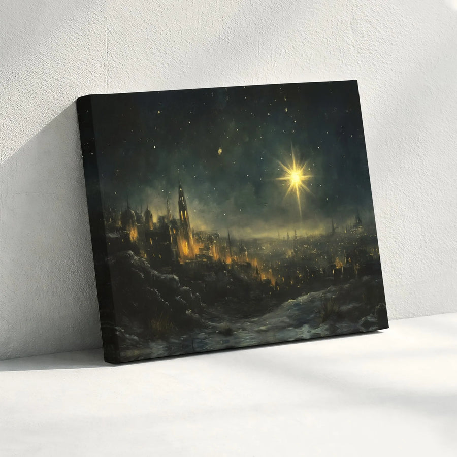 Star of Bethlehem Wall Art | Winter Cityscape Night Sky | Premium Gallery Wrapped Canvas | Religious Christmas Decor for Home & Living Room