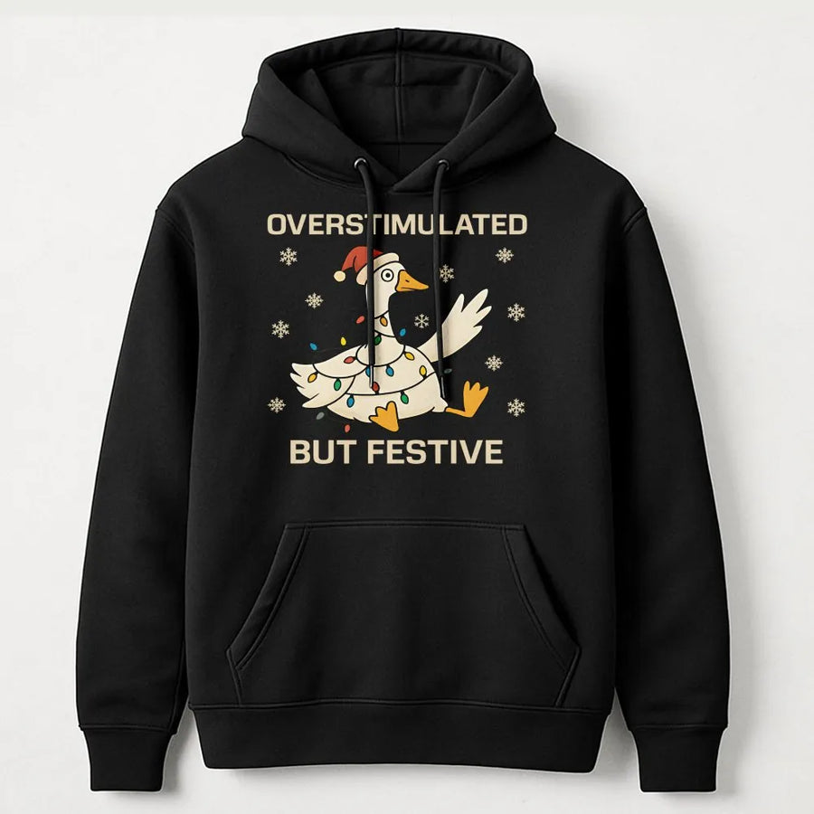 Overstimulated But Festive Goose Hoodie | Funny Christmas Lights Graphic | Premium Cotton Blend Pullover | Neurodivergent Gift For Holiday Season