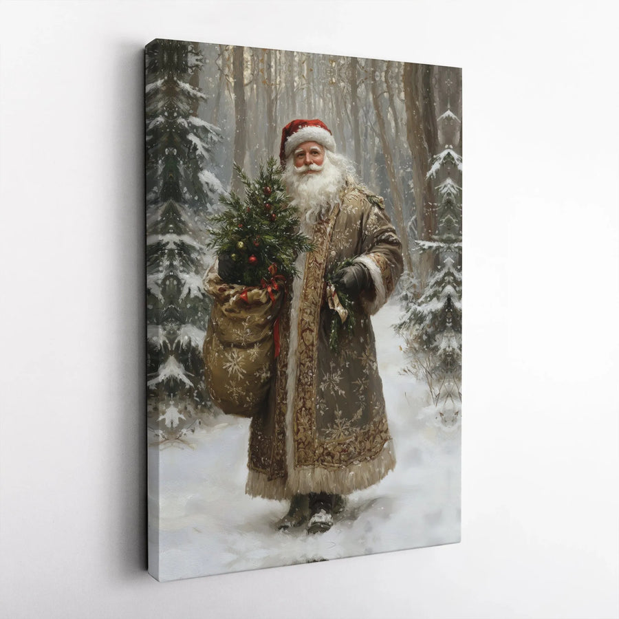 Vintage Santa Claus Wall Art | Snowy Forest Christmas Tree Canvas Print | 1.25 Inch Gallery Wrap | Classic Holiday Home Decor Gift