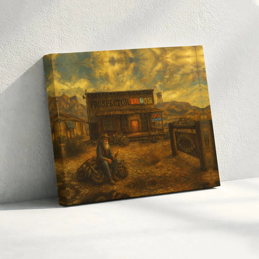 Western Saloon Wall Art | Prospector Biker Oil Painting Style | Premium 1.25-Inch Gallery Canvas | Vintage Cowboy Home Decor Gift