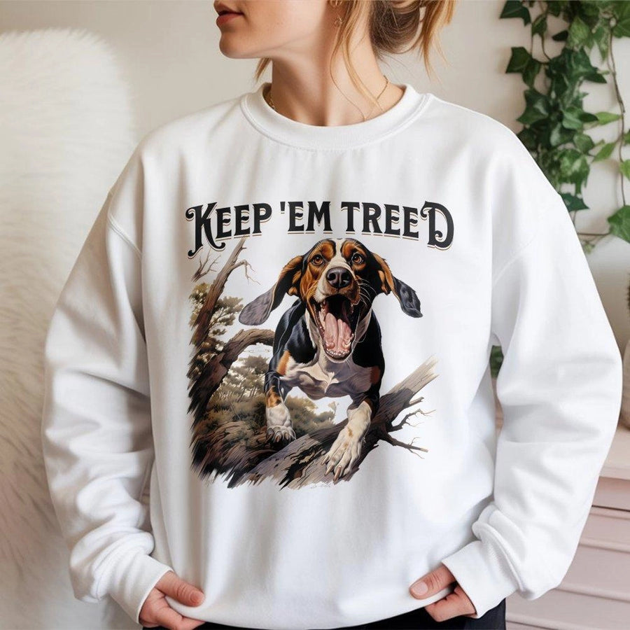 Keep 'Em Treed Sweatshirt | Coon Hunting Hound Dog Graphic | Premium Cotton Blend | Gift for Outdoorsmen & Hunter