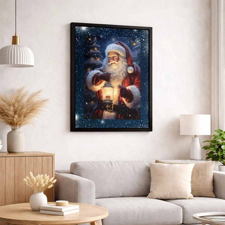 Christmas Santa Claus Canvas Art | Snowy Lantern Forest Scene | Premium Fade-Resistant Print | Festive Holiday Wall Decor Gift for Home