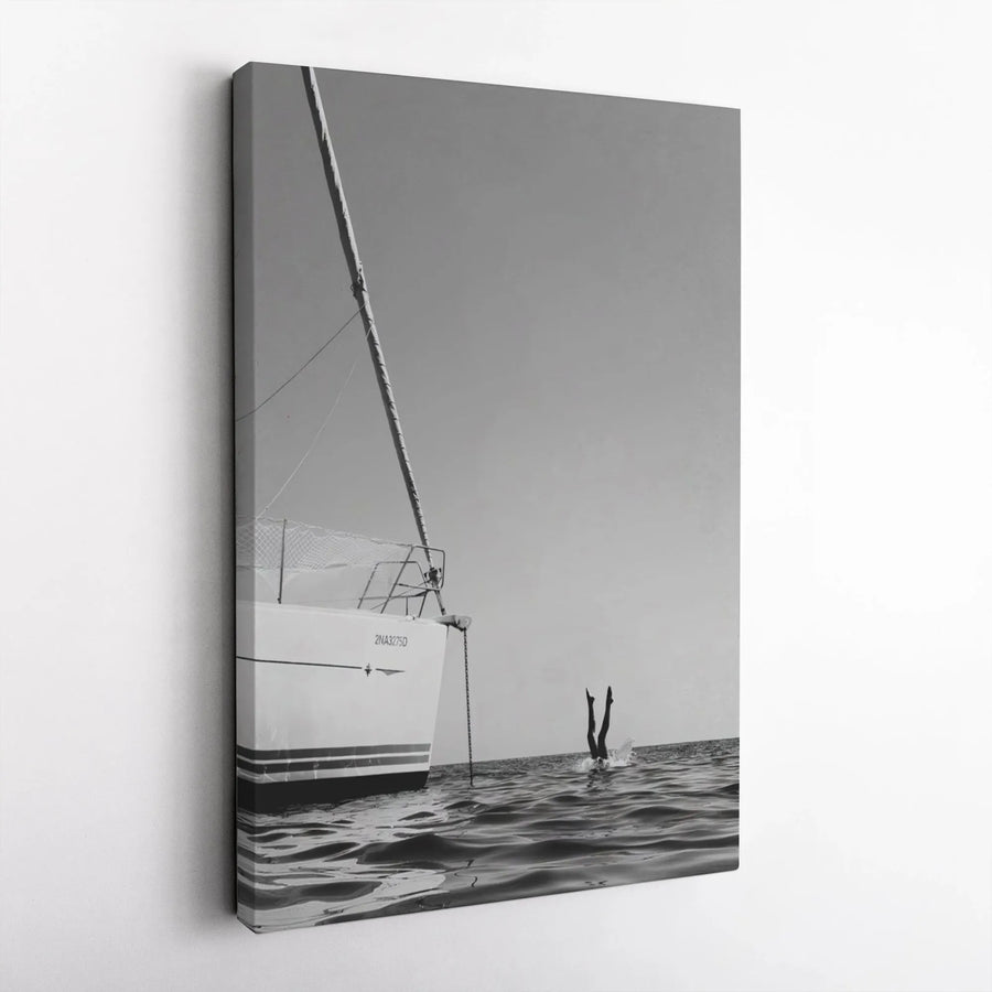 Summer Sailboat Canvas Print | Diving Legs Black and White Photography | 1.25 Inch Gallery Wrap | Coastal Minimalist Wall Art Decor