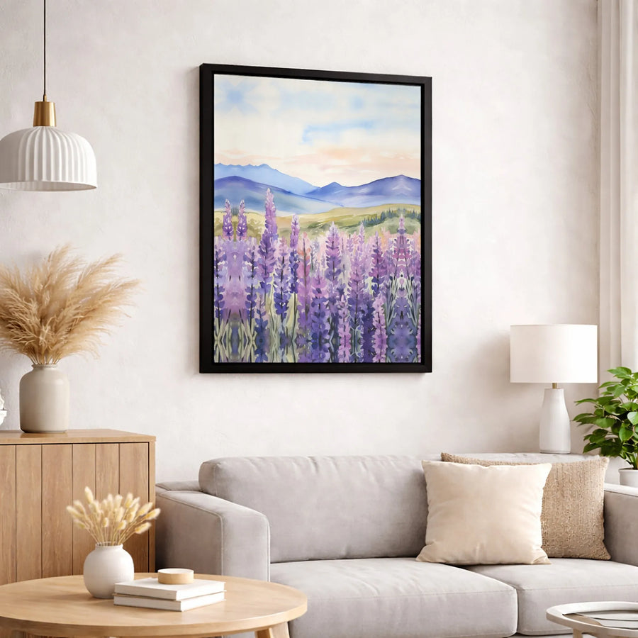 Lavender Field Canvas Wall Art | Watercolor Mountain Landscape Print | Premium 1.25-Inch Gallery Wrap | Peaceful Floral Home Decor Gift