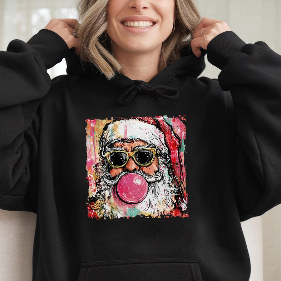 Santa Claus Hoodie | Cool Bubble Gum Graphic Print | Premium Cotton Blend | Funny Retro Christmas Sweatshirt Gift for Men and Women