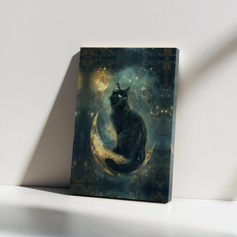 Black Cat Wall Art | Celestial Crescent Moon Galaxy Print | Premium Gallery Wrap Canvas | Whimsical Witchy Home Decor Gift