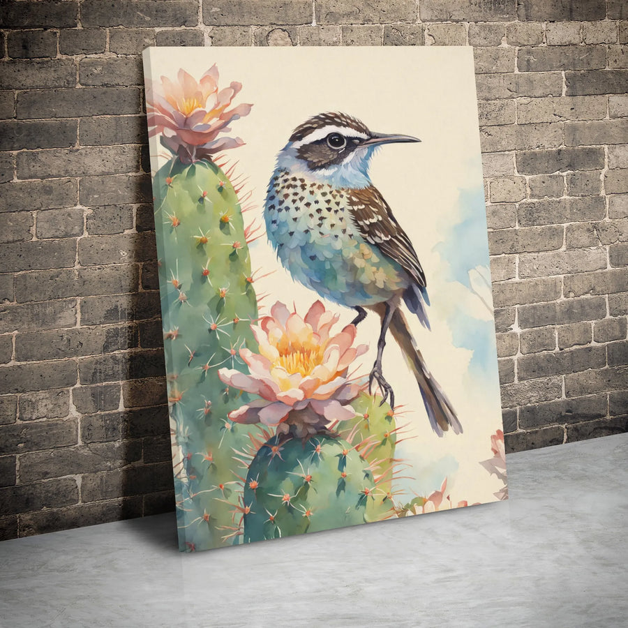 Watercolor Cactus Wren Canvas | Blooming Saguaro Desert Art | 1.25 Inch Gallery Wrap | Southwestern Nature Gift for Home Decor