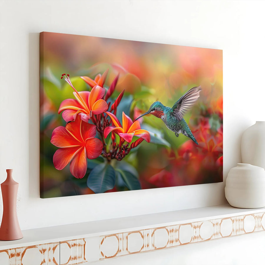 Hummingbird and Red Plumeria Canvas Wall Art | Vibrant Tropical Bird Photography | Premium 1.25" Gallery Wrap | Nature Lover Home Decor Gift