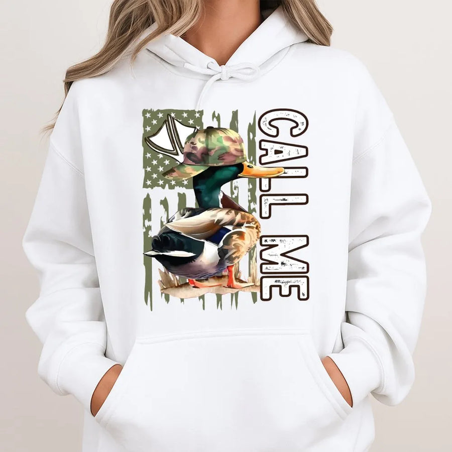 Call Me Mallard Duck Hunting Hoodie | Camo Cap American Flag Graphic | Premium Cotton Blend | Gift for Hunter and Outdoor Enthusiast