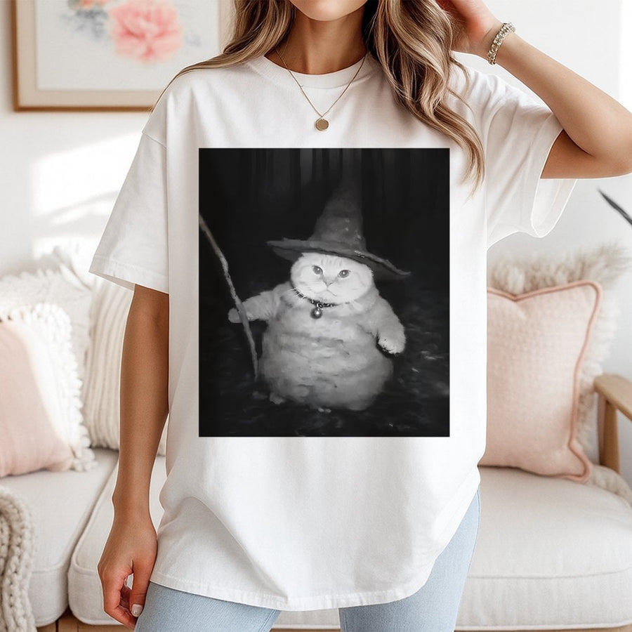 Wizard Cat Graphic T-Shirt | Funny Fantasy Meme Design | Premium 100% Cotton Tee | Whimsical Animal Lover Gift for Men & Women