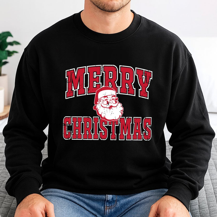 Merry Christmas Santa Sweatshirt | Retro Distressed Graphic Pullover | Cotton Blend Unisex Quality | Festive Holiday Gift For Family Adults