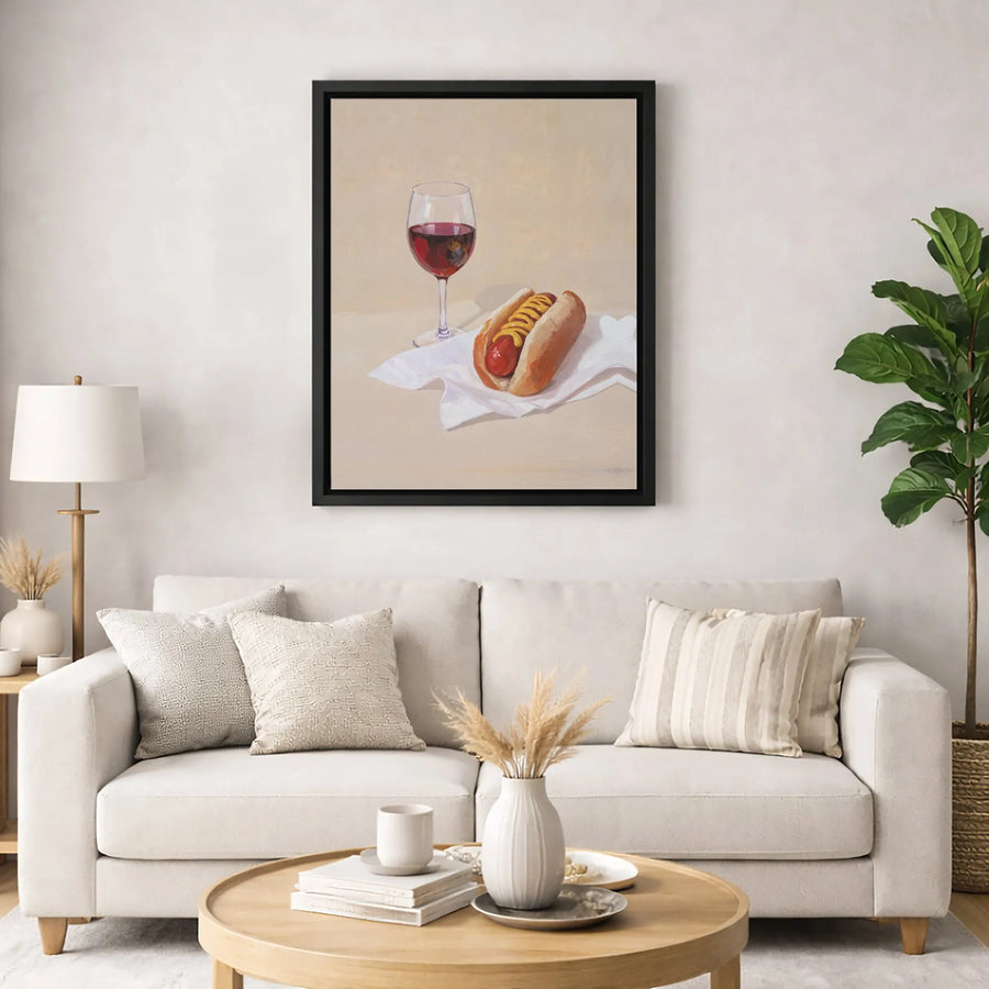 Hot Dog and Red Wine Still Life Canvas | Quirky Kitchen Wall Art | Premium Gallery Wrapped Decor | Unique Foodie Gift for Home Kitchen