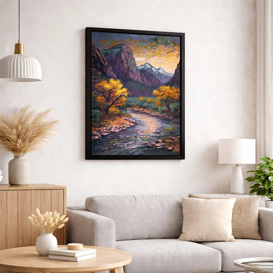 Mountain River Landscape Canvas Art | Impasto Autumn Scenery Painting | Premium Gallery-Wrapped Print | Nature Home Decor Gift