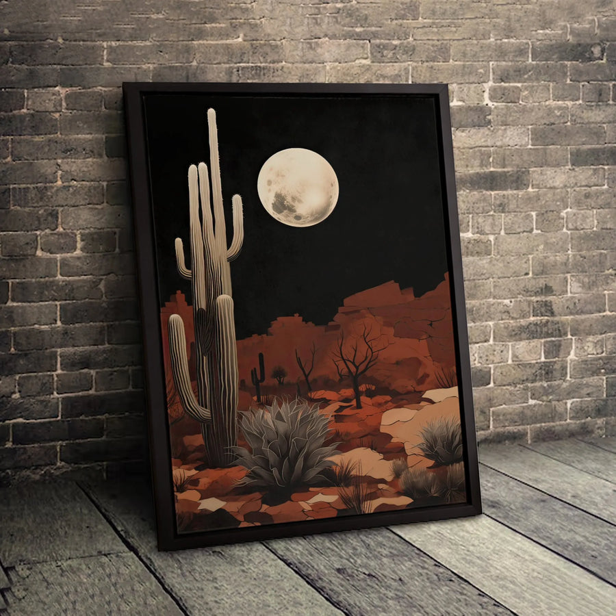 Desert Night Landscape Canvas Art | Saguaro Cactus Full Moon Wall Decor | 1.25-Inch Premium Gallery Profile | Southwest Modern Home Office Gift