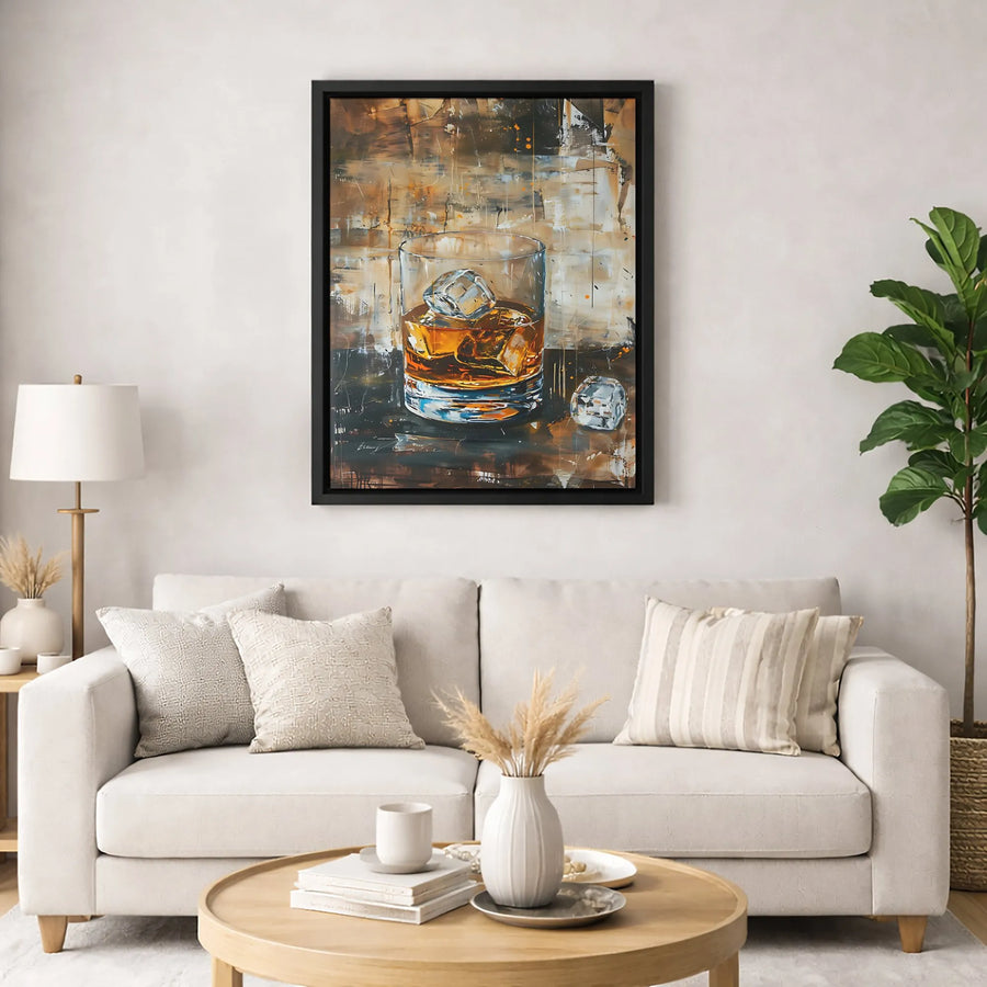 Whiskey Glass Canvas Wall Art | Abstract Alcohol Oil Painting Style | Premium 1.25" Gallery Wrap | Bar Decor & Man Cave Gift