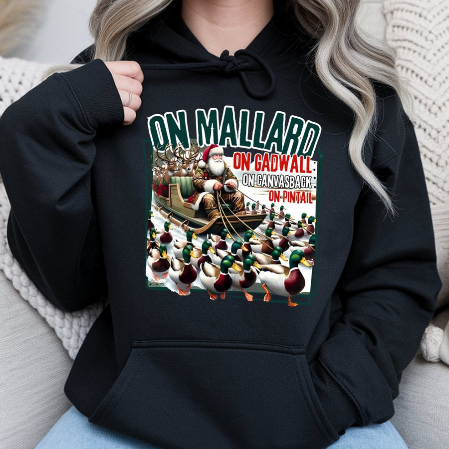 Duck Hunting Christmas Hoodie | Santa Sleigh Mallard Design | Premium Cotton Blend | Funny Outdoorsman Gift for Hunters