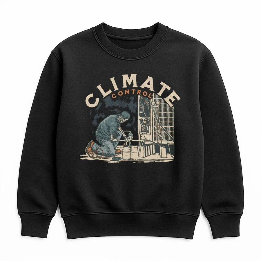 HVAC Technician Sweatshirt | Climate Control Skeleton Graphic | Premium Cotton Blend | Funny Blue Collar Trade School Gift For Him