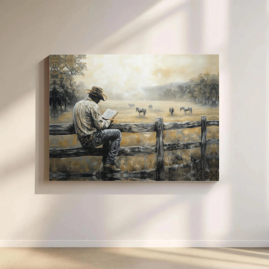 Christian Cowboy Canvas Wall Art | Cowboy Reading Bible on Fence with Horses | Premium Gallery Quality Print | Western Farmhouse Decor Gift for Men