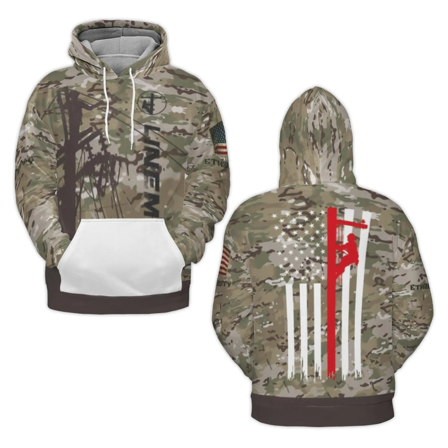 Lineman American Flag Hoodie | Camo Power Utility Worker Design | Premium Brushed Fleece Pullover | Gift for Electrician & Utility Worker