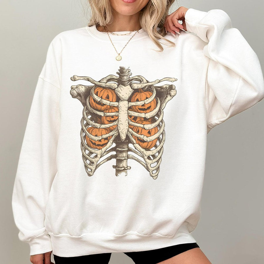 Skeleton Ribcage Pumpkin Halloween Sweatshirt | Retro Spooky Graphic Pullover | Cotton Blend Soft Fleece | Gift for Halloween Lovers