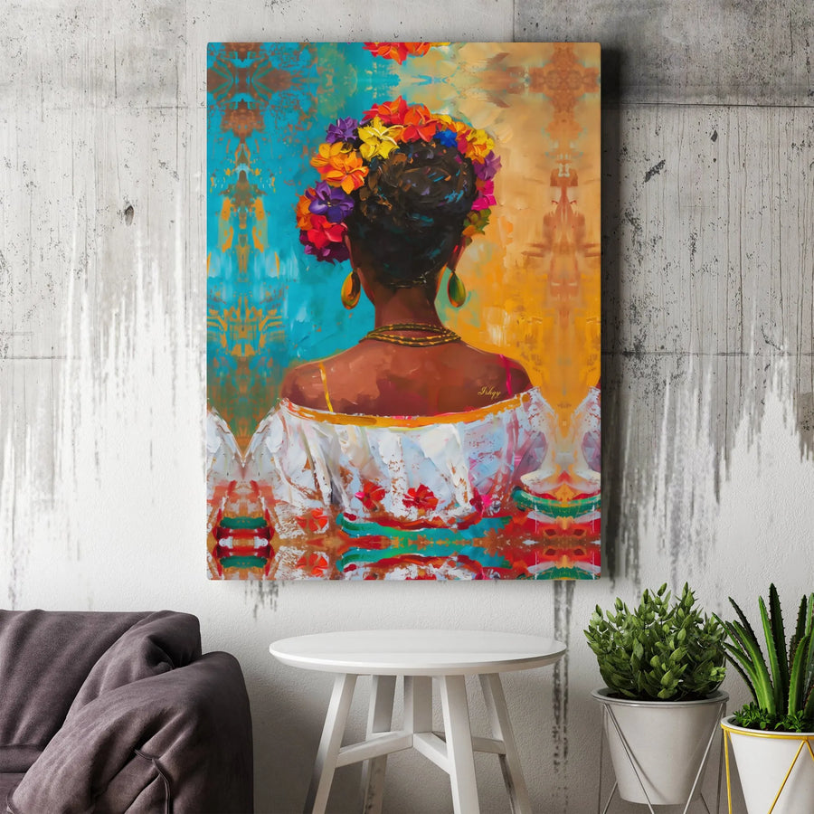 Black Woman Art Canvas Print | Vibrant Floral Crown Abstract Portrait | Premium Gallery Wrapped Canvas | Living Room Decor Gift