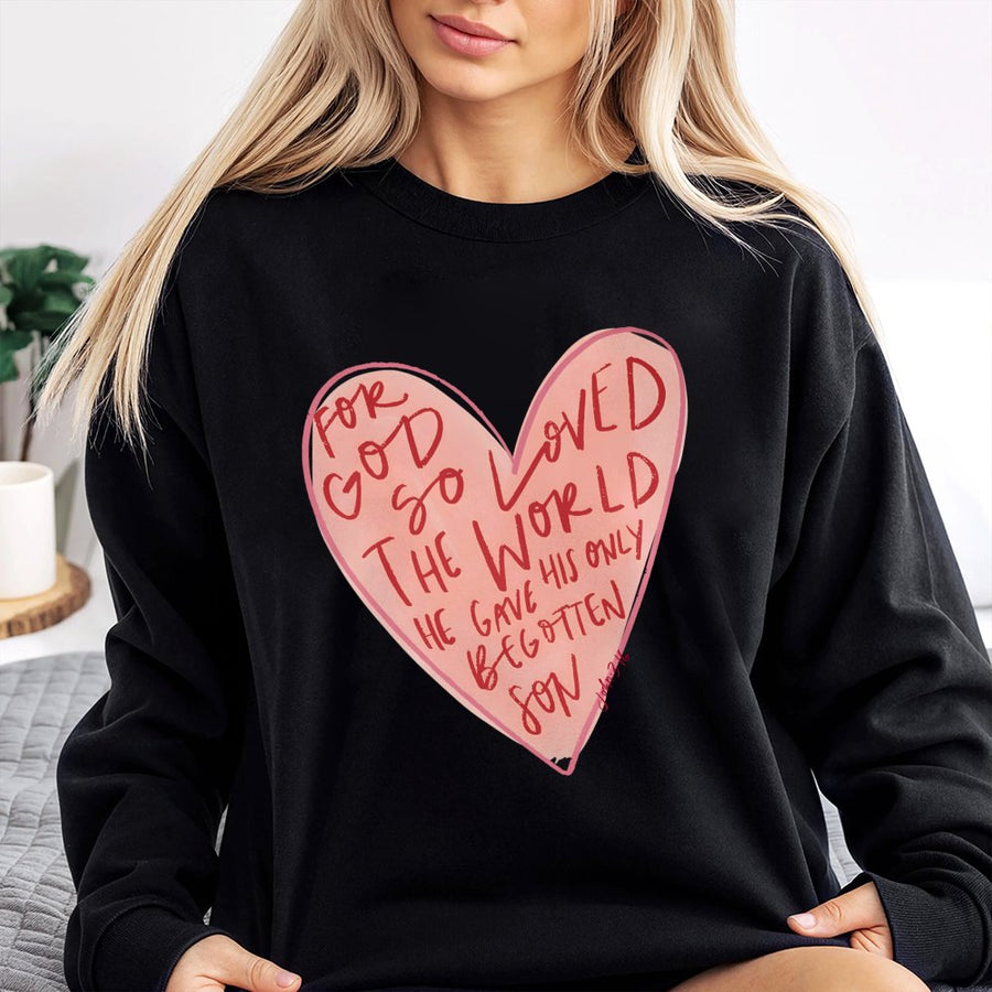 John 3:16 Sweatshirt | For God So Loved The World Heart Design | Premium Cotton Blend Crewneck | Christian Faith Gift for Women & Men