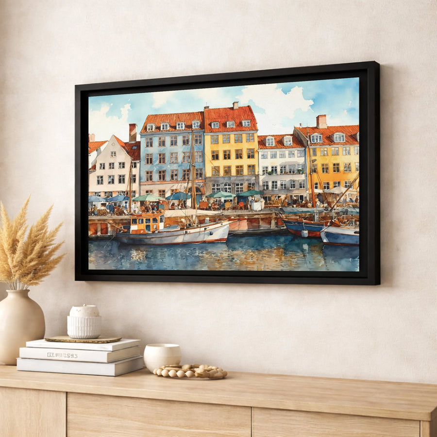 Nyhavn Copenhagen Watercolor Canvas | Colorful Harbour Dock Scene | Premium Gallery-Wrapped Print | Travel Lover Home Decor Gift