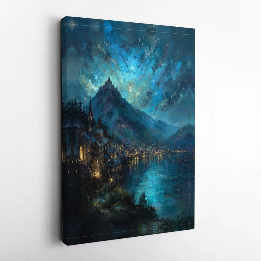 Fantasy Mountain Castle Wall Art | Enchanted Lakeside Town at Night | Premium Gallery Wrapped Canvas | Whimsical Home Decor Gift
