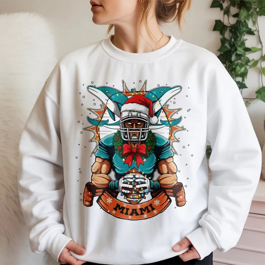 Christmas Miami Football Sweatshirt, Football Dolphin Player Sweatshirt, Sports Apparel, Classic Sweatshirt, Graphic Printed