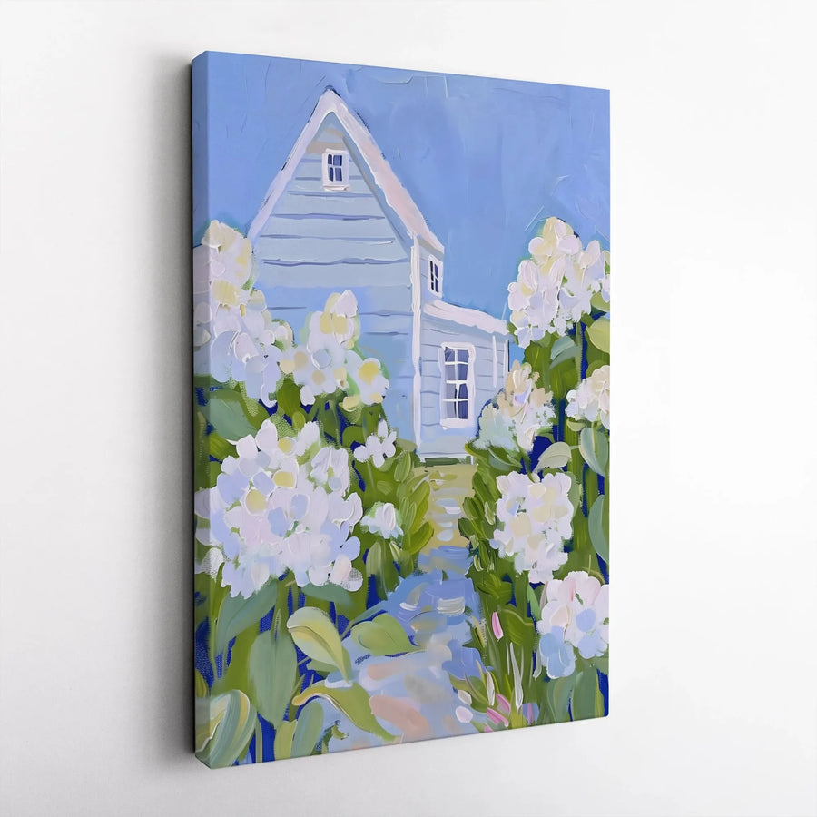 Hydrangea House Canvas Wall Art | Impressionist Floral Garden Painting | Premium Fade-Resistant Print | Farmhouse Living Room Decor Gift