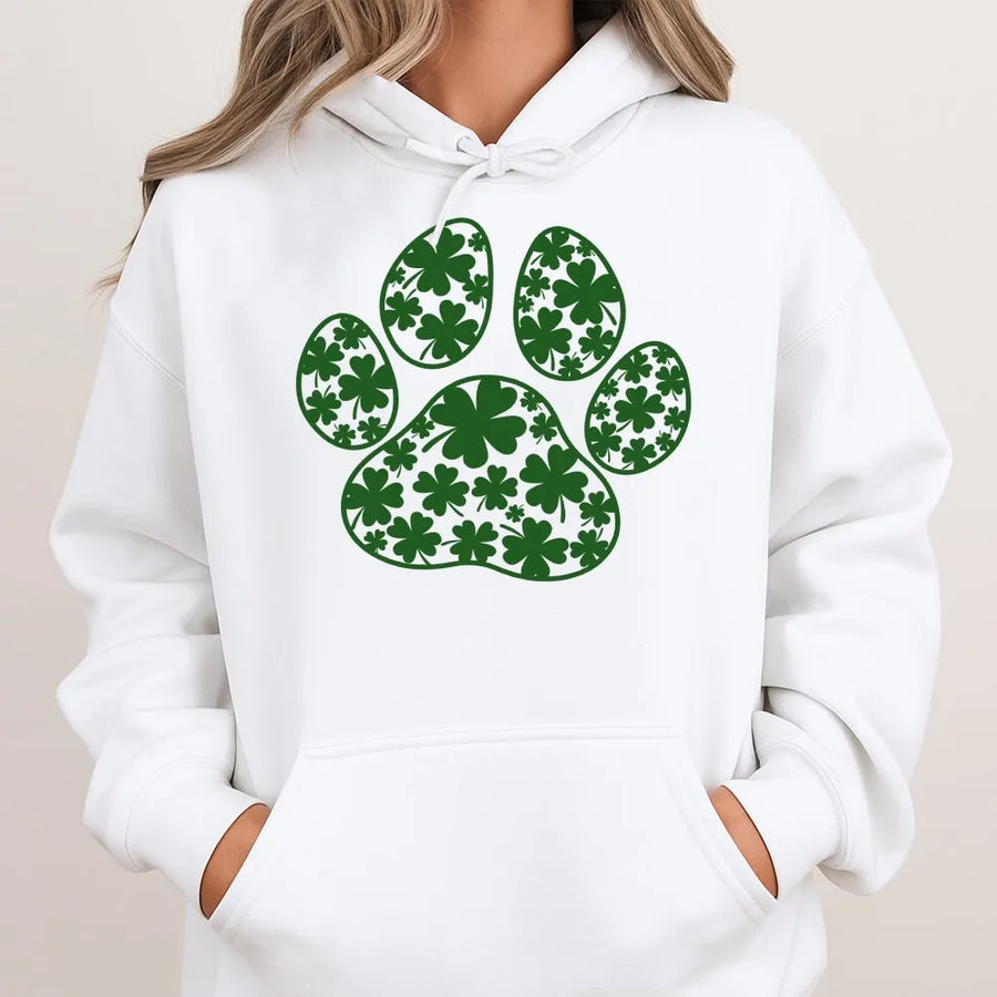St. Patrick's Day Dog Paw Hoodie | Lucky Shamrock Graphic Print | Premium Cotton Blend Sweatshirt | Cute Gift for Dog Lovers & Irish Pet Owners