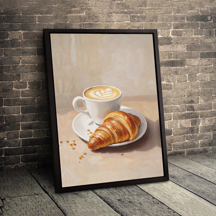 Coffee and Croissant Canvas Wall Art | Latte Art Breakfast Still Life Painting | Premium Gallery-Wrapped Print | Kitchen and Cafe Decor