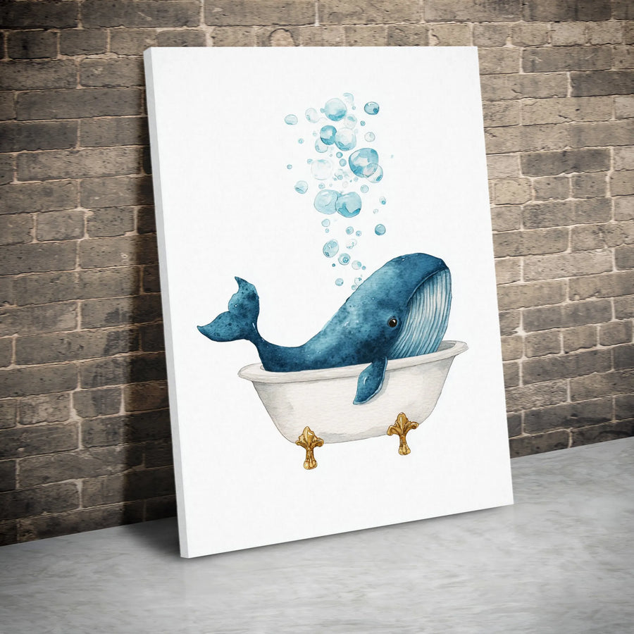 Watercolor Whale In Bathtub Wall Art | Whimsical Ocean Animal Print | Premium Gallery Canvas | Cute Nursery Decor or Bathroom Gift