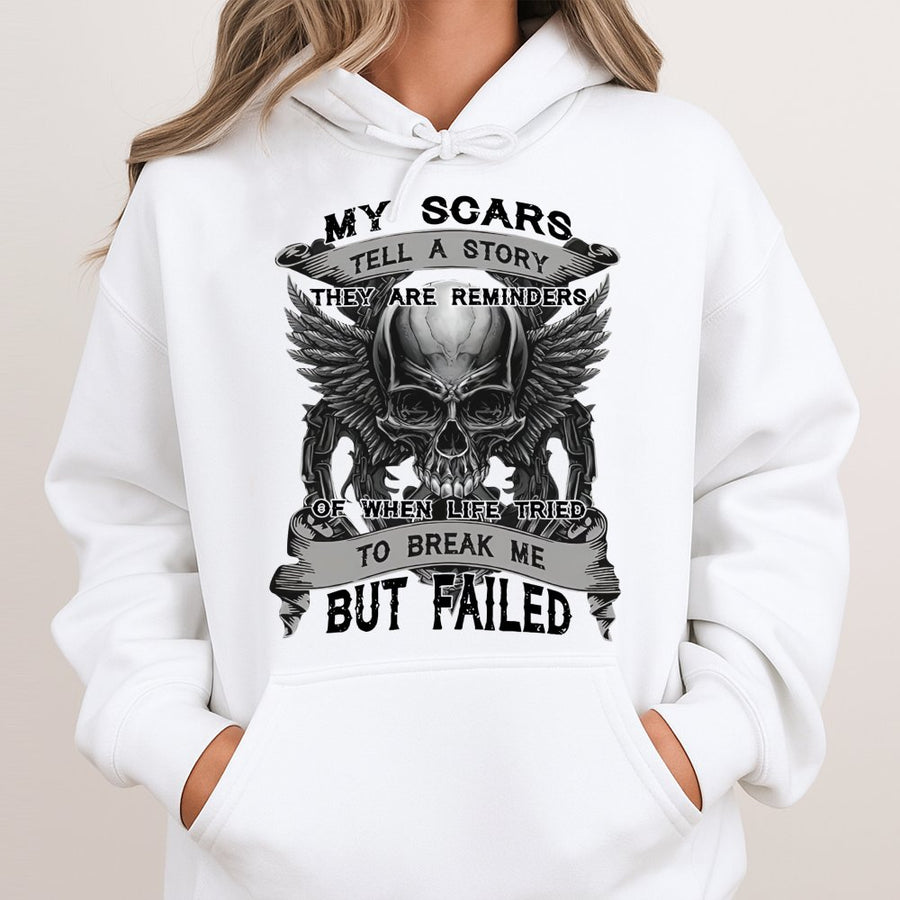 My Scars Tell A Story Hoodie | Winged Skull Graphic Gothic Sweatshirt | Premium Cotton-Blend | Empowering Inspirational Gift For Survivors