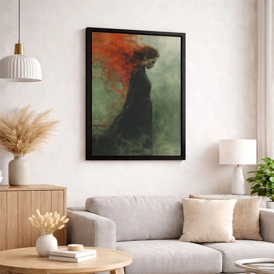 Gothic Woman Canvas Print | Fiery Red Hair Abstract Art | Gallery-Wrapped Premium Wall Decor | Moody Dark Aesthetic Fine Art for Home