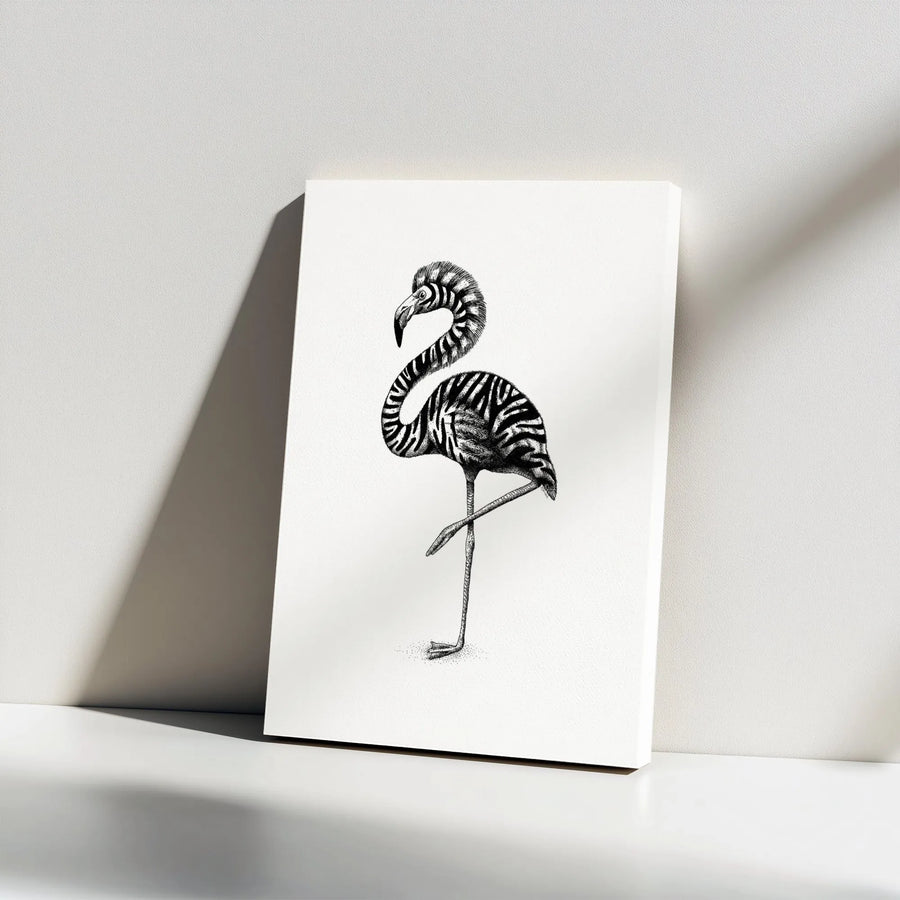 Zebra Print Flamingo Wall Art | Modern Black and White Animal Sketch | 1.25 Inch Gallery Wrap Canvas | Unique Home Office Decor Gift