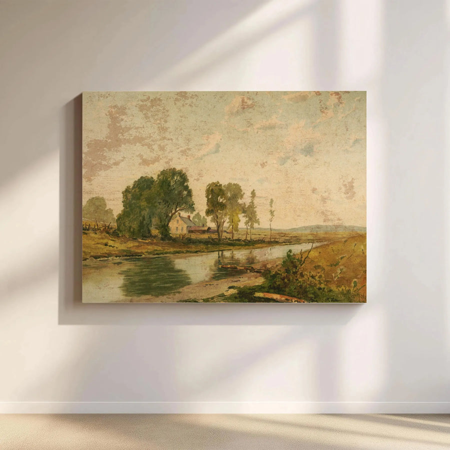 Vintage River Landscape Canvas Art | Farmhouse Pastoral Scene Wall Decor | 1.25-Inch Gallery Wrap Premium Print | Classic Countryside Home Gift