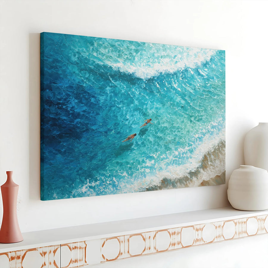 Turquoise Ocean Swimmers Canvas Art | Textured Impasto Beach Waves Print | Premium Gallery Wrap Wall Decor | Coastal Home Office Gift