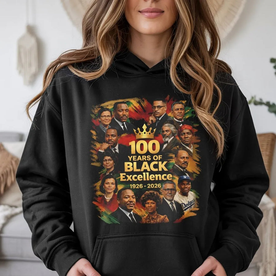 100 Years Of Black Excellence Hoodie | African American Heritage Commemorative Graphic | Premium Cotton Blend | Unisex Gift for History Buffs